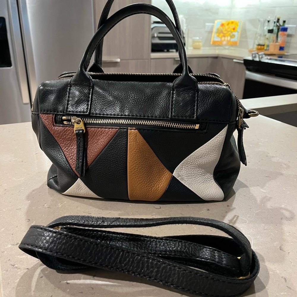 Fossil Black and Brown Geometric Leather Handbag